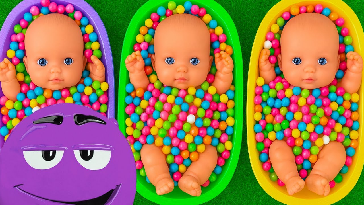 Full of 3 Rainbow BathTubs Candy with M&M's & Magic Slime Cutting Video img